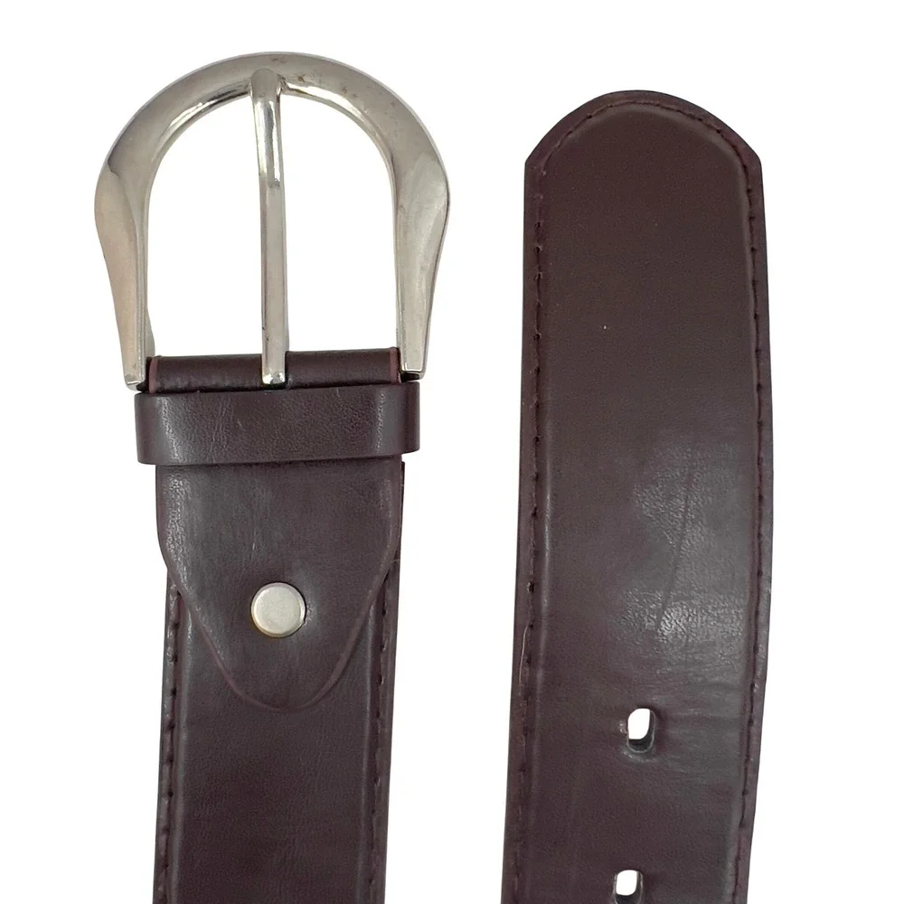 Men's Dark Brown‎ Leather Belt Silver Buckle Classic Dress Casual Size L 33-36
